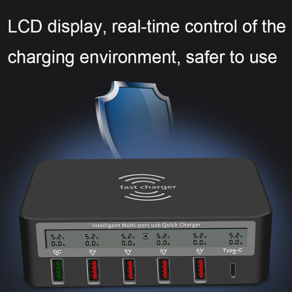 818F 5 USB Ports + Type-C Multifunctional Multi-Port Wireless Charger, Style: US Plug (Black)