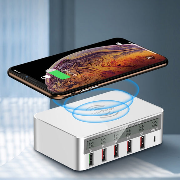 818F 5 USB Ports + Type-C Multifunctional Multi-Port Wireless Charger, Style: UK Plug (White)