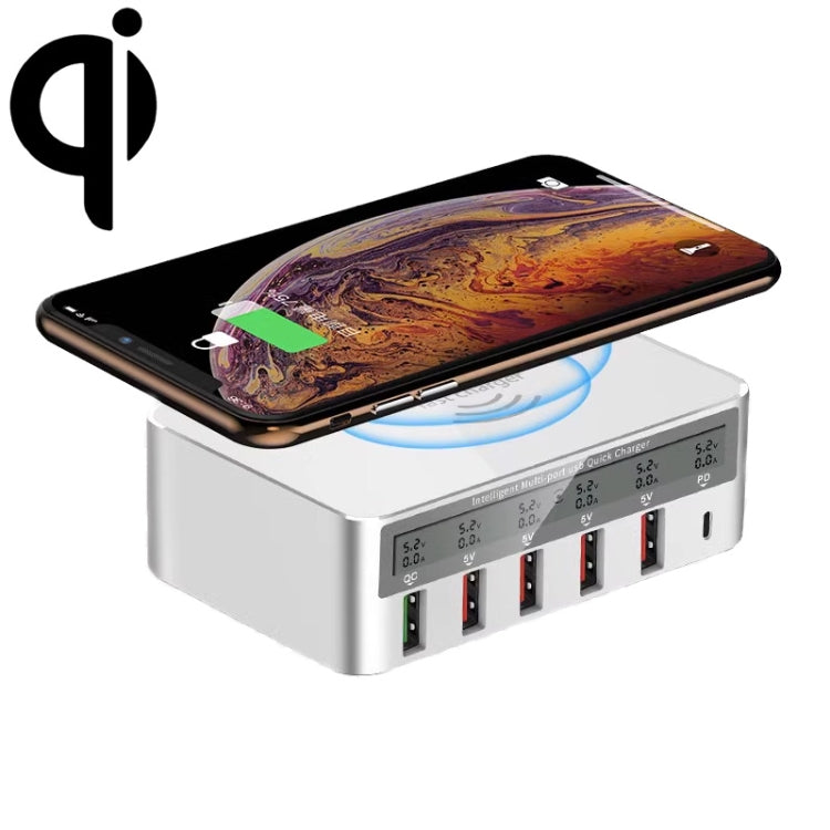 818PF 5 USB Ports + Type-C Smart Digital Display Wireless Phone Charger, Style: EU Plug (White) - Multifunction Charger by PMC TechLife | Online Shopping South Africa | PMC TechLife | Buy Now Pay Later Mobicred