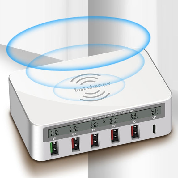 818PF 5 USB Ports + Type-C Smart Digital Display Wireless Phone Charger, Style: UK Plug (White)