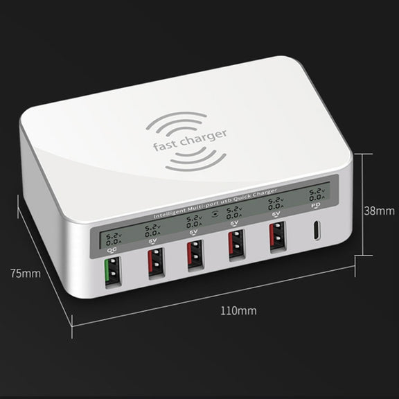 818PF 5 USB Ports + Type-C Smart Digital Display Wireless Phone Charger, Style: UK Plug (White)