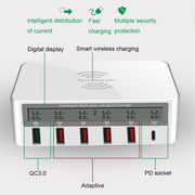 818PF 5 USB Ports + Type-C Smart Digital Display Wireless Phone Charger, Style: US Plug (White)