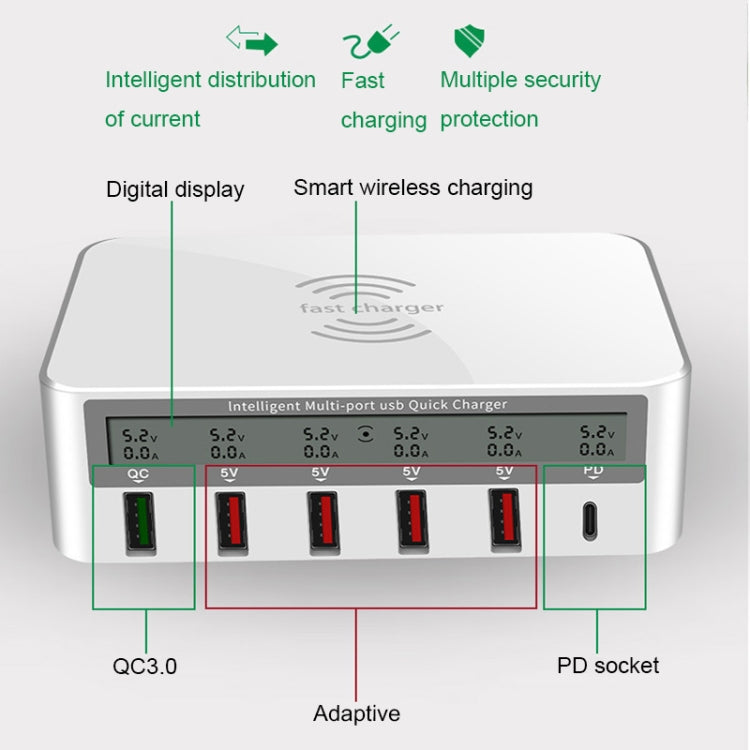 818PF 5 USB Ports + Type-C Smart Digital Display Wireless Phone Charger, Style: US Plug (Black)