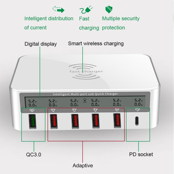 818PF 5 USB Ports + Type-C Smart Digital Display Wireless Phone Charger, Style: EU Plug (White)