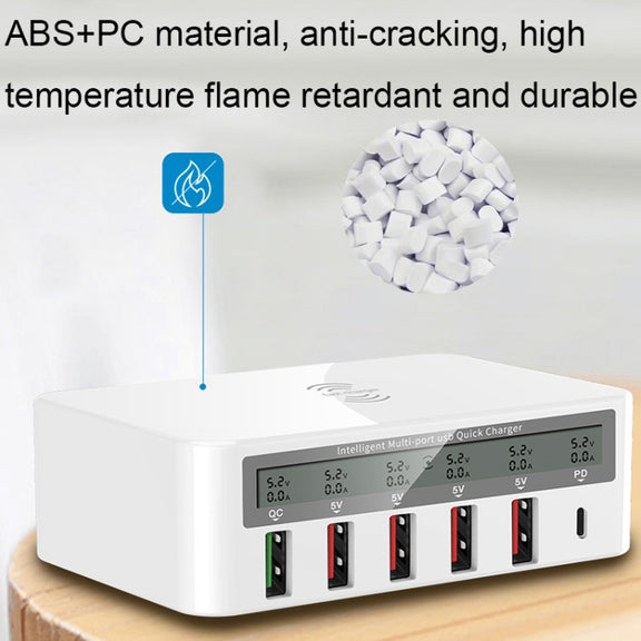 818PF 5 USB Ports + Type-C Smart Digital Display Wireless Phone Charger, Style: UK Plug (White)