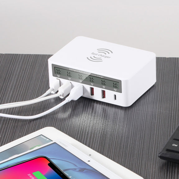 818PF 5 USB Ports + Type-C Smart Digital Display Wireless Phone Charger, Style: UK Plug (White)