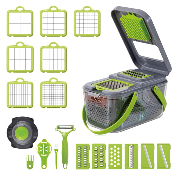 22 in 1 Multifunctional Food Chopper Grater Onion Dicer Veggie Cutter with 13 Stainless Steel Blades(Grey)