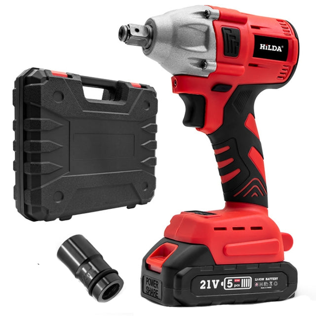 HILDA Motorized Wrenches Lithium Repair Parts With 22mm Socket, EU Plug, Model: Red With 1 Battery+1 Charger(1500mAh)