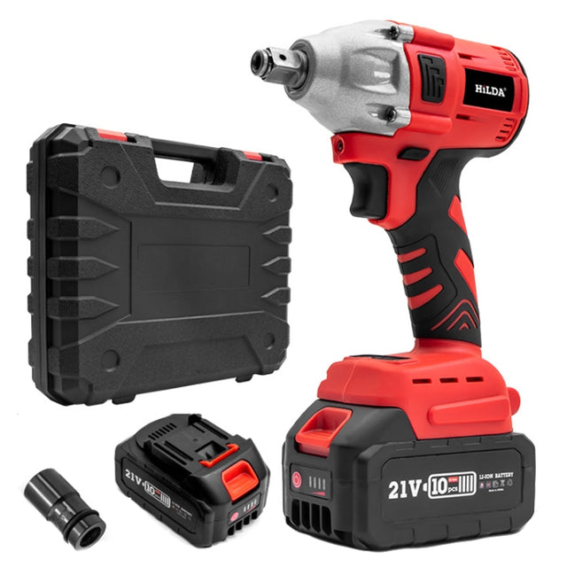 HILDA Motorized Wrenches Lithium Repair Parts With 22mm Socket, EU Plug, Model: Red With 2 Battery+1 Charger(3000mAh)