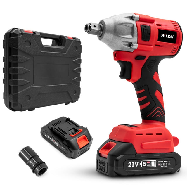 HILDA Motorized Wrenches Lithium Repair Parts With 22mm Socket, US Plug, Model: Red With 2 Battery+1 Charger(1500mAh)