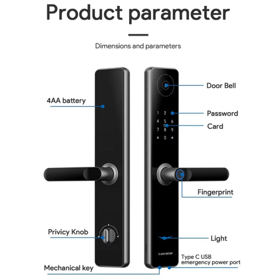 A60 Smart Fingerprint Password Door Lock With Doorbell, Spec: Tuya APP Version Gray
