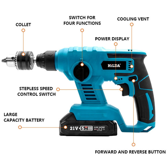 HILDA 12pcs /Set Li-Ion Power Hammer Electrical Impact Drill, Model: 2 Battery+1 Charger US Plug