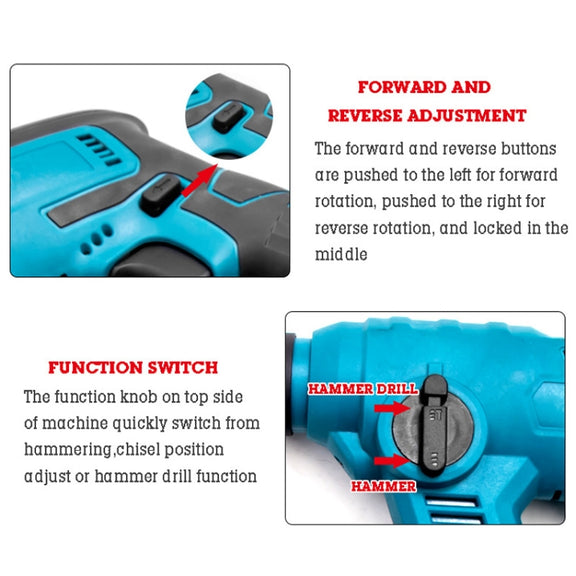 HILDA 12pcs /Set Li-Ion Power Hammer Electrical Impact Drill, Model: 2 Battery+1 Charger US Plug