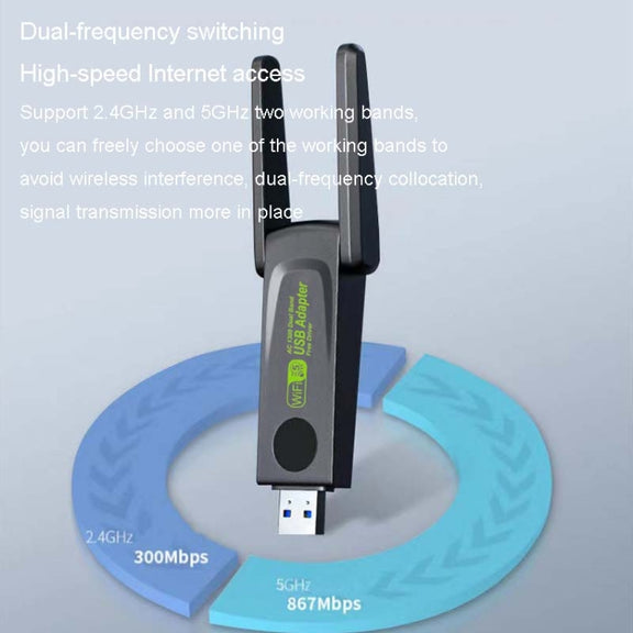 1300Mbps Wireless Network Card Gigabit Dual Band 5G Driverless Computer USB Network Card, Scope: 1300m