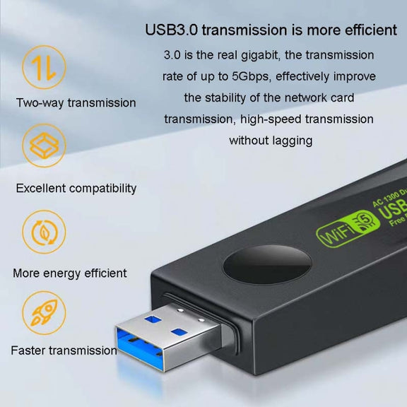 1300Mbps Wireless Network Card Gigabit Dual Band 5G Driverless Computer USB Network Card, Scope: 1300m