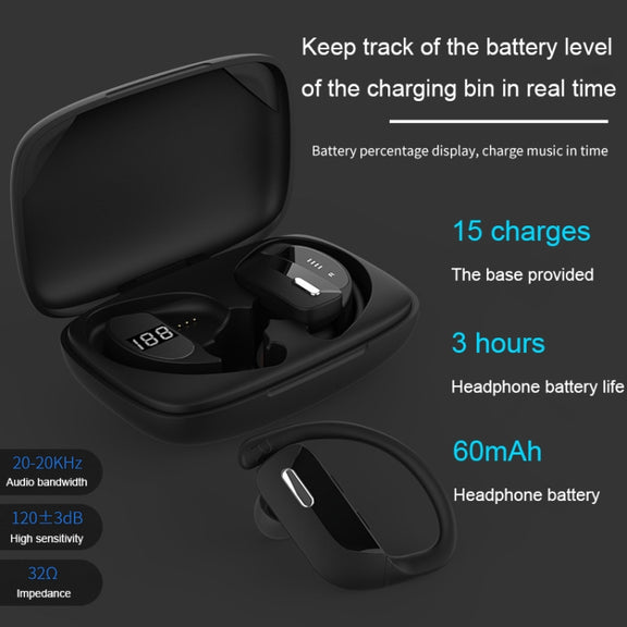 TWS Ear-mounted Noise Reduction LED Dual-battery Display Bluetooth Earphones(T16 Black)