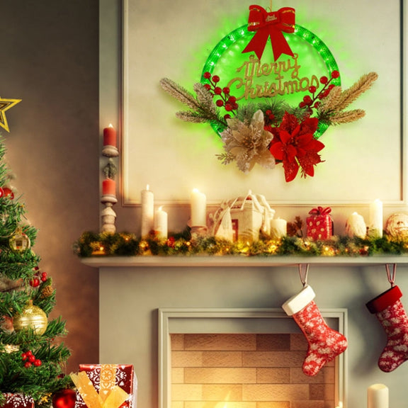 Christmas Wreath Timing Lighting Lights Door Decorations Pine Needle Ornaments Showcase(Golden Flower)
