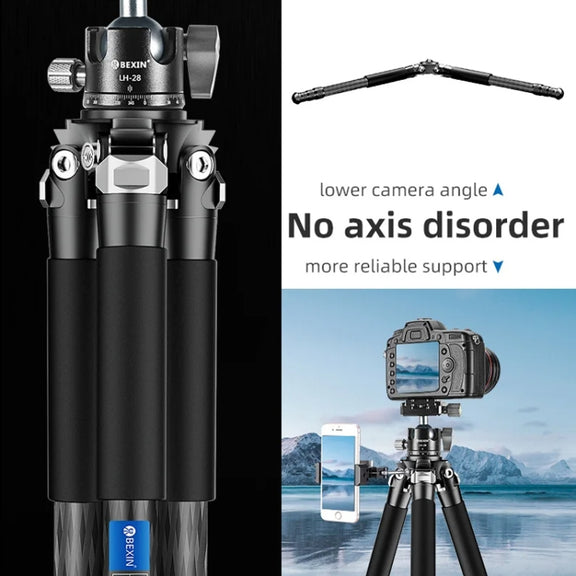 BEXIN RC254+LH-28 Carbon Fiber Portable Folding Tripod SLR Camera Low Gravity Center Gimbal Photography Bracket