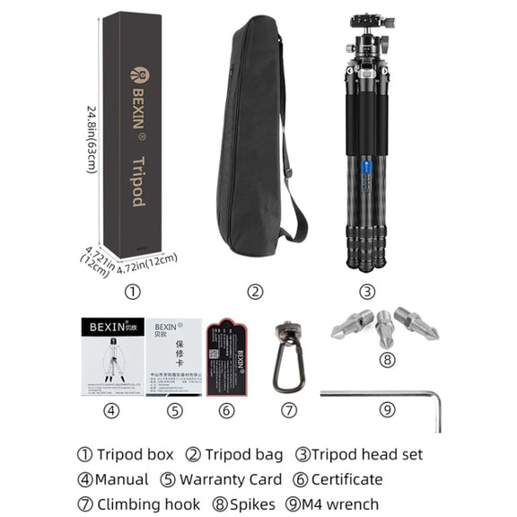 BEXIN RC254+LH-28 Carbon Fiber Portable Folding Tripod SLR Camera Low Gravity Center Gimbal Photography Bracket