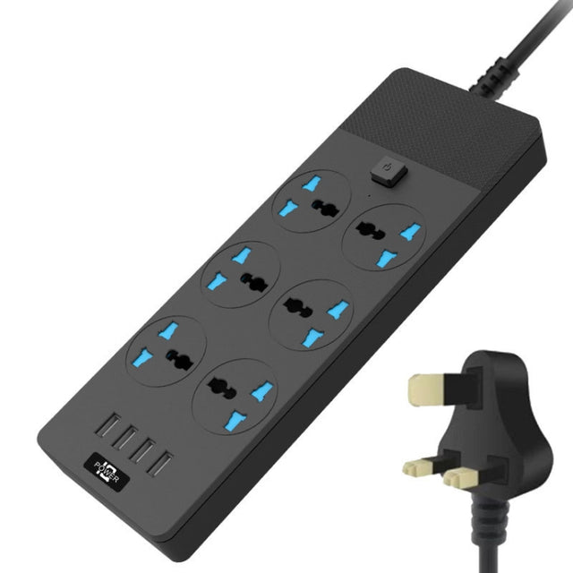TB-T12 3000W 2m 4-USB Ports + 6-Jacks Multifunctional Flame-Retardant Socket With Switch(UK Plug)