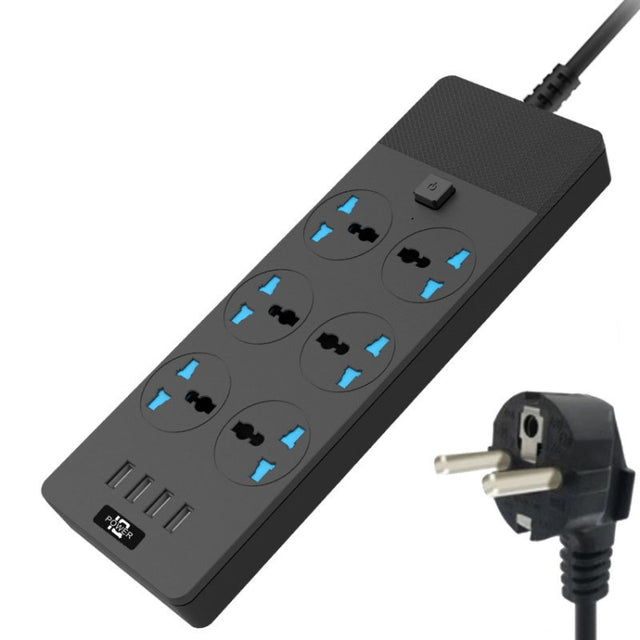 TB-T12 3000W 2m 4-USB Ports + 6-Jacks Multifunctional Flame-Retardant Socket With Switch(EU Plug)