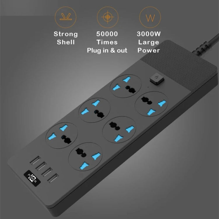TB-T12 3000W 2m 4-USB Ports + 6-Jacks Multifunctional Flame-Retardant Socket With Switch(UK Plug)