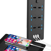 TB-T12 3000W 2m 4-USB Ports + 6-Jacks Multifunctional Flame-Retardant Socket With Switch(EU Plug)