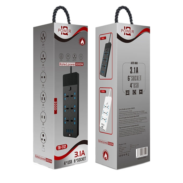 TB-T12 3000W 2m 4-USB Ports + 6-Jacks Multifunctional Flame-Retardant Socket With Switch(UK Plug)