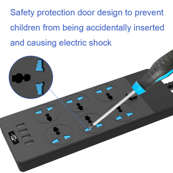 TB-T12 3000W 2m 4-USB Ports + 6-Jacks Multifunctional Flame-Retardant Socket With Switch(EU Plug)