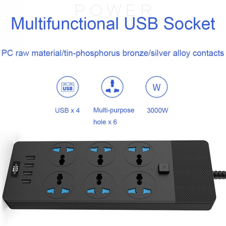 TB-T12 3000W 2m 4-USB Ports + 6-Jacks Multifunctional Flame-Retardant Socket With Switch(EU Plug)