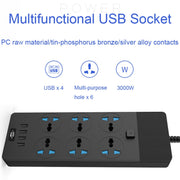 TB-T12 3000W 2m 4-USB Ports + 6-Jacks Multifunctional Flame-Retardant Socket With Switch(UK Plug)
