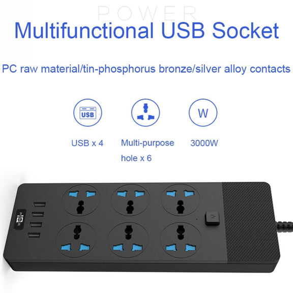 TB-T12 3000W 2m 4-USB Ports + 6-Jacks Multifunctional Flame-Retardant Socket With Switch(UK Plug)