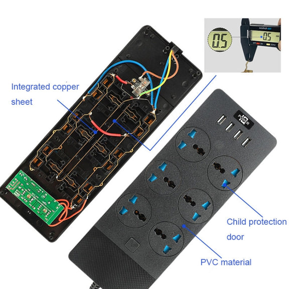 TB-T12 3000W 2m 4-USB Ports + 6-Jacks Multifunctional Flame-Retardant Socket With Switch(EU Plug)