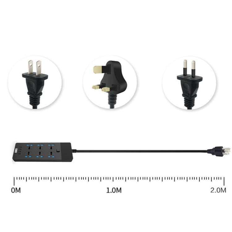 TB-T12 3000W 2m 4-USB Ports + 6-Jacks Multifunctional Flame-Retardant Socket With Switch(EU Plug)