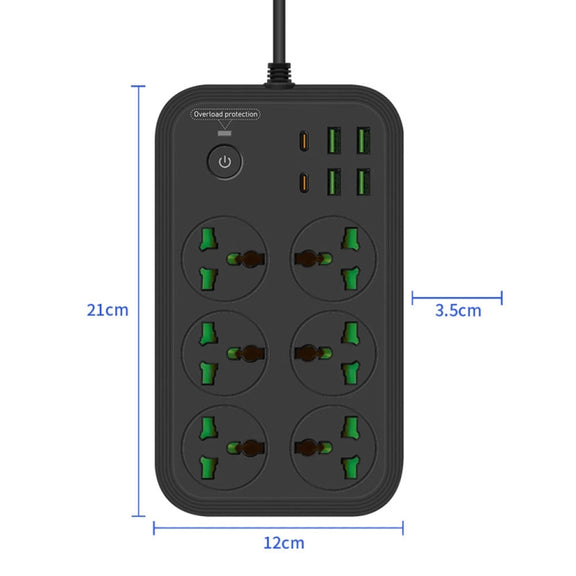 T24 2m 3000W 6 Plugs + PD + 4-USB Ports Multifunctional Flame-Retardant Socket With Switch(US Plug)