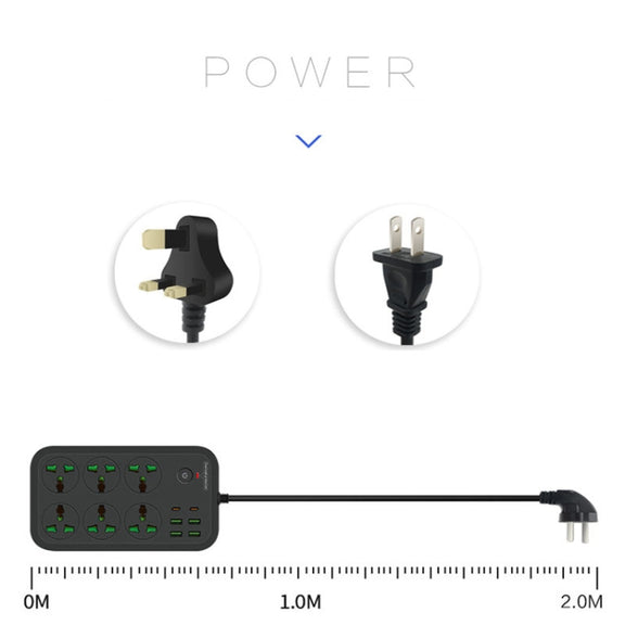 T24 2m 3000W 6 Plugs + PD + 4-USB Ports Multifunctional Flame-Retardant Socket With Switch(US Plug)