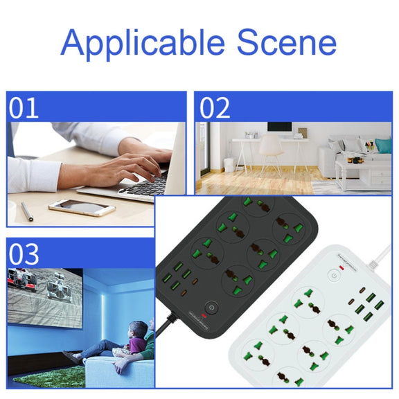 T24 2m 3000W 6 Plugs + PD + 4-USB Ports Multifunctional Flame-Retardant Socket With Switch(US Plug)