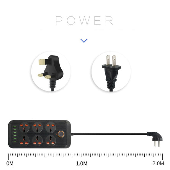 A07 2m 3000W 6 Plugs + 6-USB Ports Multifunctional Flame-retardant Socket with Switch(US Plug)