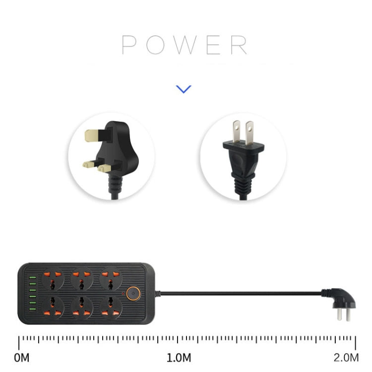 A07 2m 3000W 6 Plugs + 6-USB Ports Multifunctional Flame-retardant Socket with Switch(US Plug)