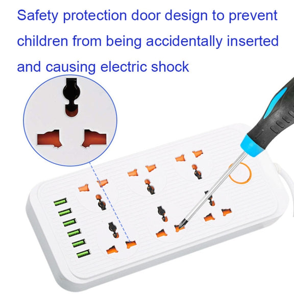 A07 2m 3000W 6 Plugs + 6-USB Ports Multifunctional Flame-retardant Socket with Switch(US Plug)