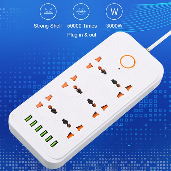 A07 2m 3000W 6 Plugs + 6-USB Ports Multifunctional Flame-retardant Socket with Switch(US Plug)