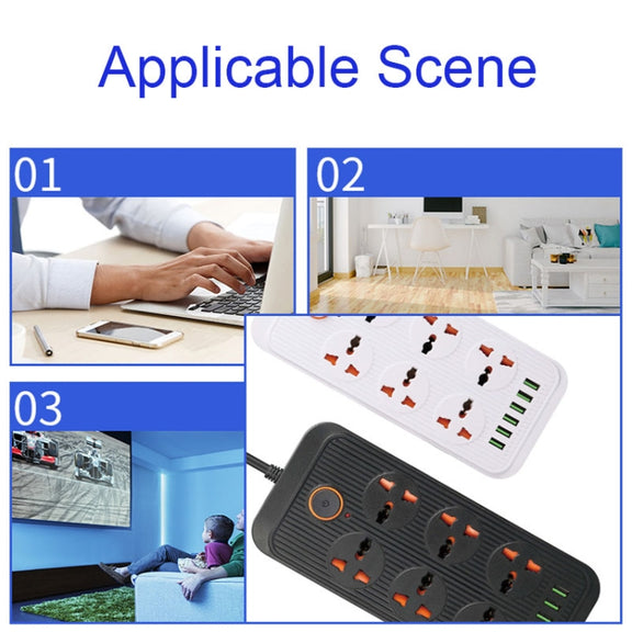 A07 2m 3000W 6 Plugs + 6-USB Ports Multifunctional Flame-retardant Socket with Switch(US Plug)