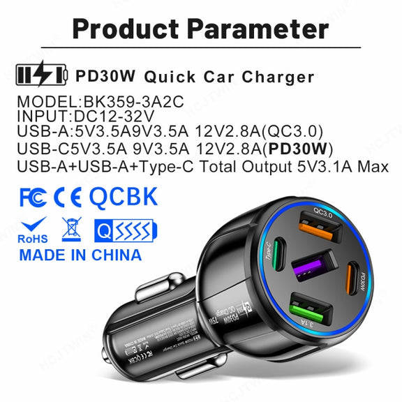 3USB+2PD 75W Dual Line Car Mobile Phone Fast Charging Charger(Black)