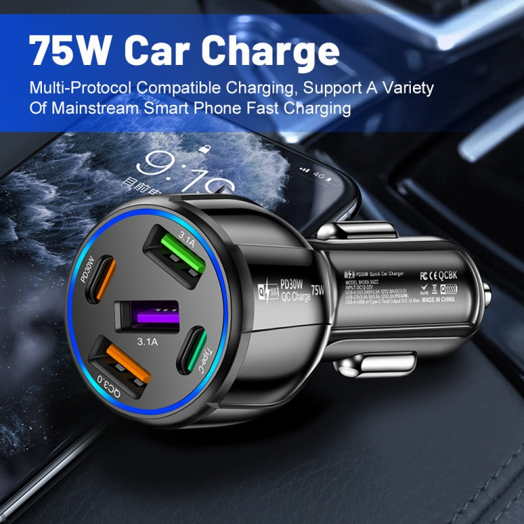 3USB+2PD 75W Dual Line Car Mobile Phone Fast Charging Charger(Black) - Car Charger by PMC TechLife | Online Shopping South Africa | PMC TechLife | Buy Now Pay Later Mobicred