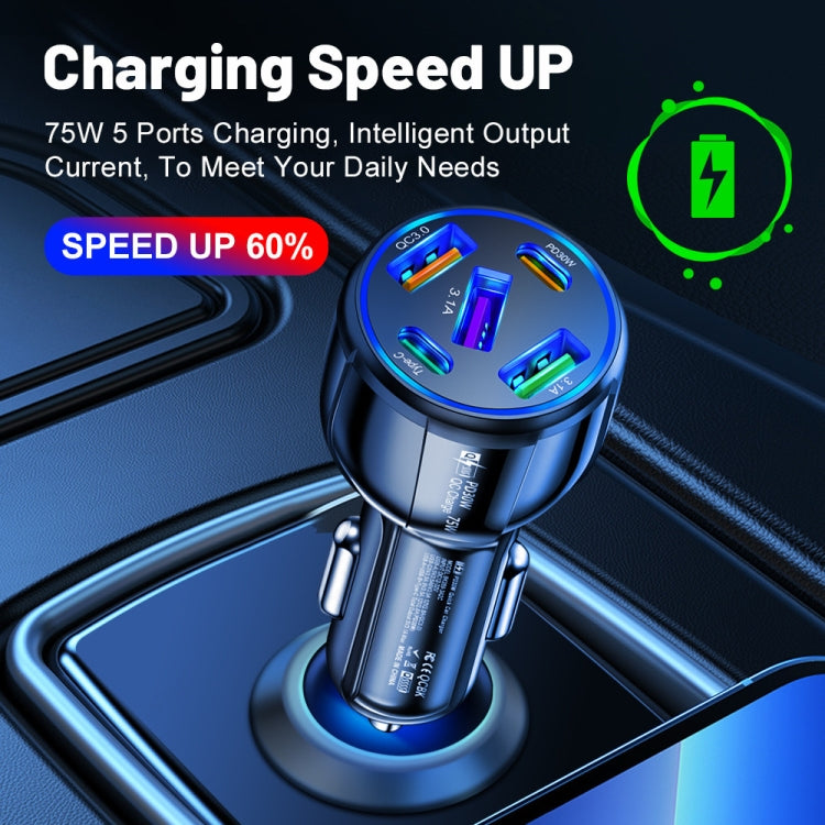 3USB+2PD 75W Dual Line Car Mobile Phone Fast Charging Charger(Black)
