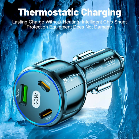 90W Super Fast Charging USB-C Car Charger Dual PD 30W+QC3.0 Charging Station(Black)