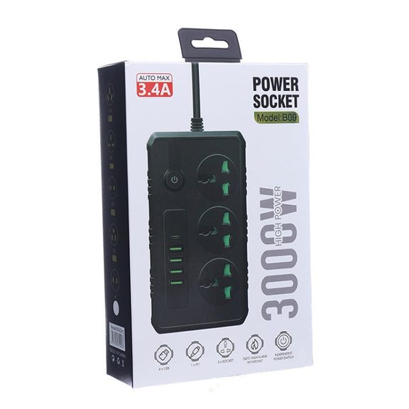 B09 2m 3000W 3 Plugs + PD + 4-USB Ports Multifunctional Flame-Retardant Socket With Switch(US Plug)