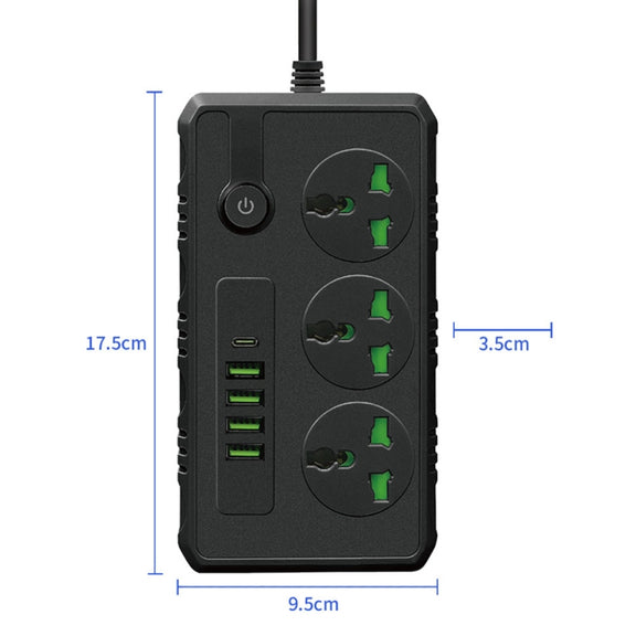 B09 2m 3000W 3 Plugs + PD + 4-USB Ports Multifunctional Flame-Retardant Socket With Switch(US Plug)