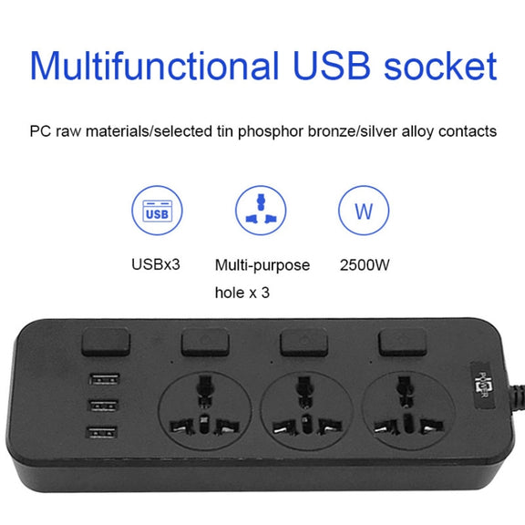 T14 2m 2500W 3 Plugs + 3-USB Ports Multifunctional Socket With Switch, Specification: EU Plug (Black)