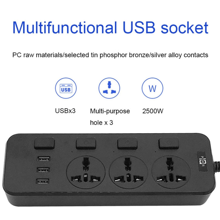 T14 2m 2500W 3 Plugs + 3-USB Ports Multifunctional Socket With Switch, Specification: EU Plug (Black)